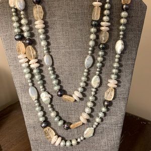 Cultured pearl and natural stone necklace. 32 inches.